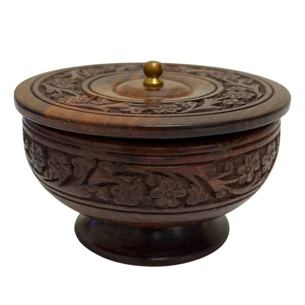 Vintage Handmade Indian Rosewood Floral Engraved Wooden Keepsake Trinket Box 3